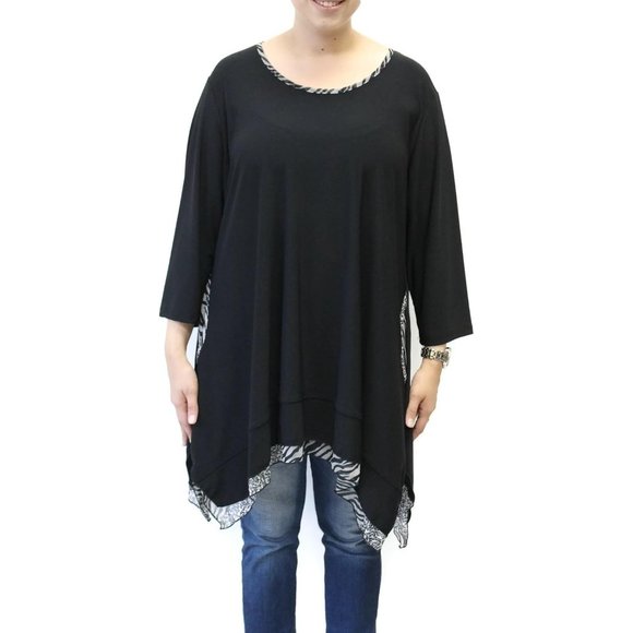 Pretty Woman Solid Tunic With Animal Print Trim Plus Size, Black - Picture 2 of 6